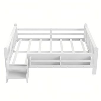 Lufeiya Full Size Floor Bed with Storage Bookcases and Guardrails, Stairs, No Box Spring Needed