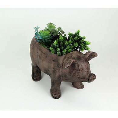 17 Inch Long Rustic Brown Finish Smiling Pig Planter