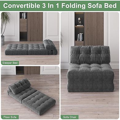 Foldable Corduroy Sofa Bed - Convertible Sleeper Chair with Pillow and Back Support