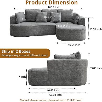Curved Sectional Sofa with Chaise and Memory Foam Cushions - Boneless L-Shape Chenille Couch
