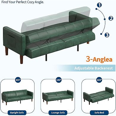 Convertible Futon Sofa Bed - Mid-Century Modern Faux Leather Loveseat and Sleeper