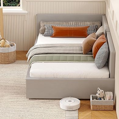 Corner Bed Frame with Headboard - Velvet Upholstered Sofa Bed with Guardrails