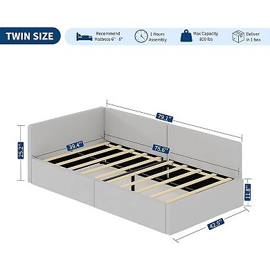 Corner Bed Frame with Headboard - Velvet Upholstered Sofa Bed with Guardrails
