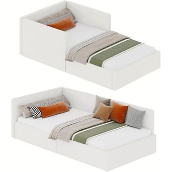 Corner Bed Frame with Headboard - Velvet Upholstered Sofa Bed with Guardrails