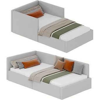 Corner Bed Frame with Headboard - Velvet Upholstered Sofa Bed with Guardrails