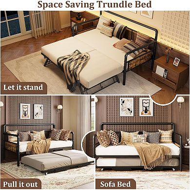 Daybed with Trundle Bed - Twin Sofa Bed Frame with Steel Slats and Strong Support