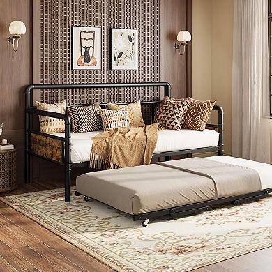 Daybed with Trundle Bed - Twin Sofa Bed Frame with Steel Slats and Strong Support