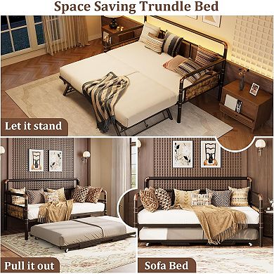 Daybed with Trundle Bed - Twin Sofa Bed Frame with Steel Slats and Strong Support