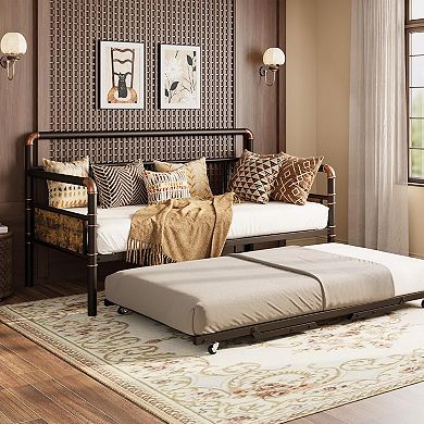 Daybed with Trundle Bed - Twin Sofa Bed Frame with Steel Slats and Strong Support