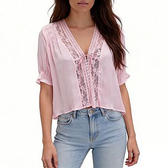 Women's Short Sleeve Cropped Blouse Floral Lace Ruffled Cuff Tops