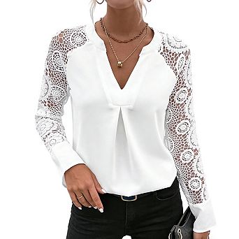 Women's V Neck Lace Sleeve Blouse Raglan Cutout Design Pleated Front Short Sleeve Tops