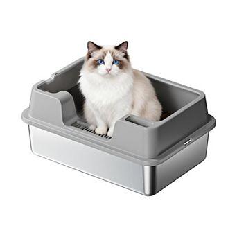 Stainless Steel Cat Litter Box,Semi-Enclosed Cat Litter Tray,Anti-Splash High Sided Litter Pan Tray