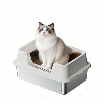 Stainless Steel Cat Litter Box,Semi-Enclosed Cat Litter Tray,Anti-Splash High Sided Litter Pan Tray