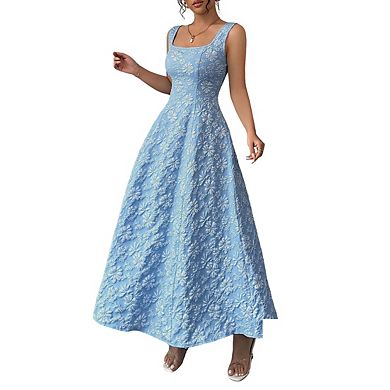 Women's Square Neck Sleeveless Maxi Dress Floral Embossed Texture Fitted Flowy A Line Dresses