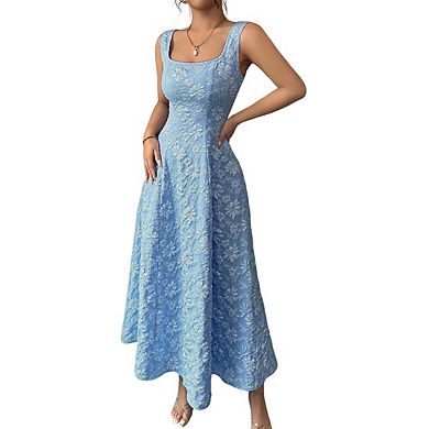 Women's Square Neck Sleeveless Maxi Dress Floral Embossed Texture Fitted Flowy A Line Dresses