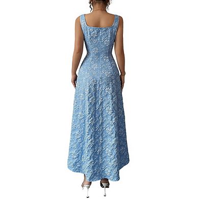 Women's Square Neck Sleeveless Maxi Dress Floral Embossed Texture Fitted Flowy A Line Dresses
