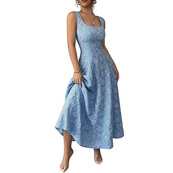 Women's Square Neck Sleeveless Maxi Dress Floral Embossed Texture Fitted Flowy A Line Dresses