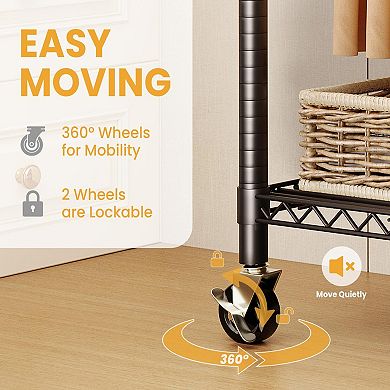 3-Tier Rolling Garment Rack, Detachable Hanging Rod, Side Hooks, Freestanding Metal Organizer