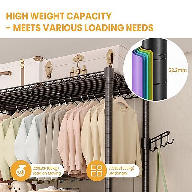 3-Tier Rolling Garment Rack, Detachable Hanging Rod, Side Hooks, Freestanding Metal Organizer