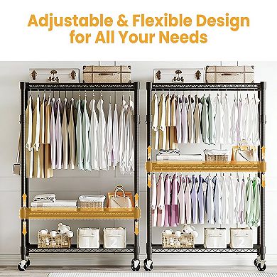 3-Tier Rolling Garment Rack, Detachable Hanging Rod, Side Hooks, Freestanding Metal Organizer