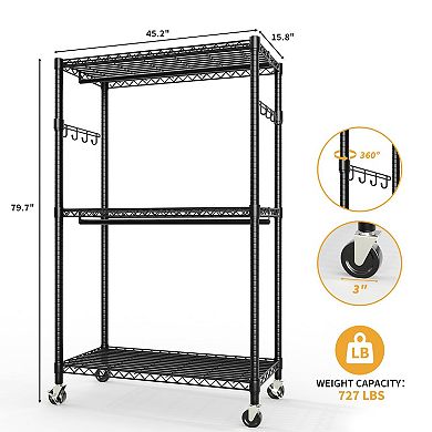 3-Tier Rolling Garment Rack, Detachable Hanging Rod, Side Hooks, Freestanding Metal Organizer