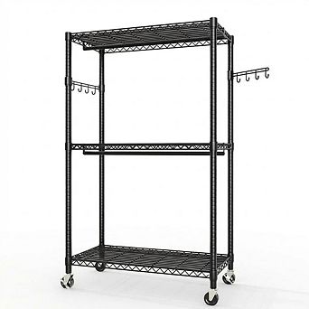 3 tier Rolling Garment Rack, Detachable Hanging Rod, Side Hooks, Freestanding Metal Organizer