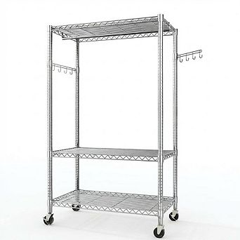 3 tier Rolling Garment Rack, Detachable Hanging Rod, Side Hooks, Freestanding Metal Organizer