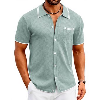 COOFANDY Men' Knit Polo Shirts Short Sleeve Vintage Beach Shirt Casual Button Down Shirt