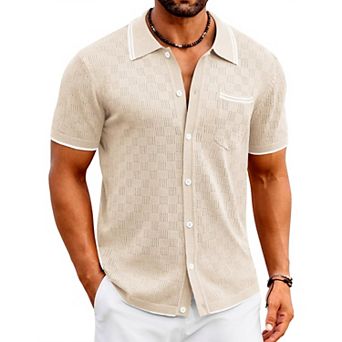 COOFANDY Men' Knit Polo Shirts Short Sleeve Vintage Beach Shirt Casual Button Down Shirt