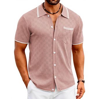 COOFANDY Men' Knit Polo Shirts Short Sleeve Vintage Beach Shirt Casual Button Down Shirt