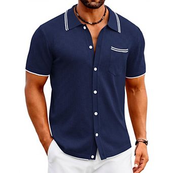 COOFANDY Men' Knit Polo Shirts Short Sleeve Vintage Beach Shirt Casual Button Down Shirt