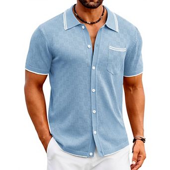 COOFANDY Men' Knit Polo Shirts Short Sleeve Vintage Beach Shirt Casual Button Down Shirt