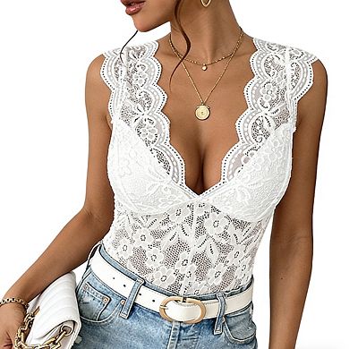 Women's Sleeveless V Back Lace Floral Pattern Fitting Elegant Casual Bodysuit