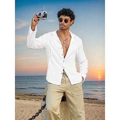 COOFANDY Men' Casual Button Down Shirt Summer Beach Linen Shirt Lightweight Hooded Coverup