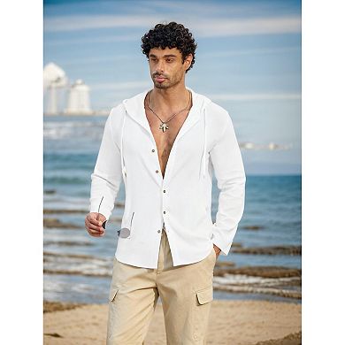 COOFANDY Men' Casual Button Down Shirt Summer Beach Linen Shirt Lightweight Hooded Coverup