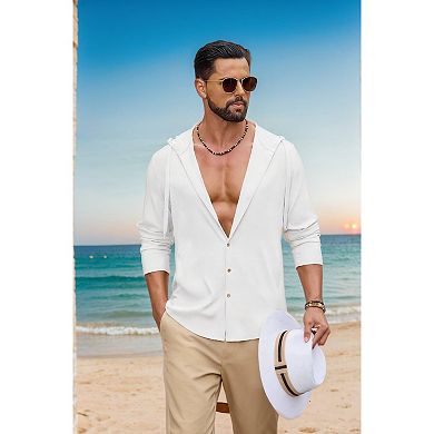 COOFANDY Men' Casual Button Down Shirt Summer Beach Linen Shirt Lightweight Hooded Coverup