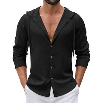 COOFANDY Men' Casual Button Down Shirt Summer Beach Linen Shirt Lightweight Hooded Coverup