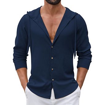 COOFANDY Men' Casual Button Down Shirt Summer Beach Linen Shirt Lightweight Hooded Coverup