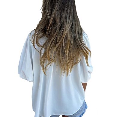 Women's Puff Sleeve Button Down Smocked Bodice Stand Collar Peplum Ruffle Hem Blouse