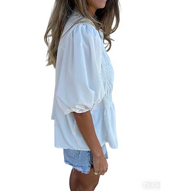 Women's Puff Sleeve Button Down Smocked Bodice Stand Collar Peplum Ruffle Hem Blouse