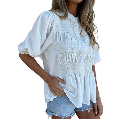 Women's Puff Sleeve Button Down Smocked Bodice Stand Collar Peplum Ruffle Hem Blouse