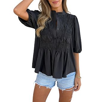 Women's Puff Sleeve Button Down Smocked Bodice Stand Collar Peplum Ruffle Hem Blouse