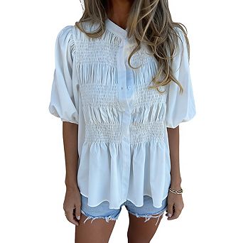Women's Puff Sleeve Button Down Smocked Bodice Stand Collar Peplum Ruffle Hem Blouse