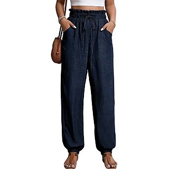 Women's High Waisted Jogger Pants Drawstring Textured Elastic Cuffed Trouser