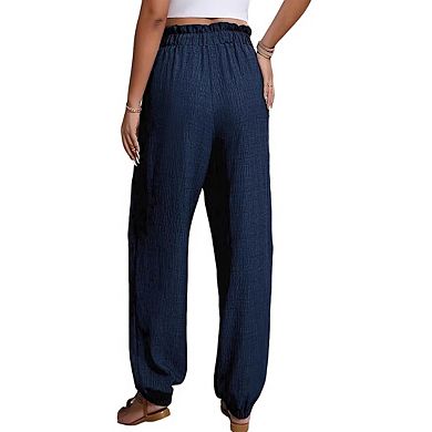 Women's High Waisted Jogger Pants Drawstring Textured Elastic Cuffed Trouser