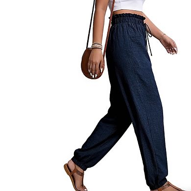 Women's High Waisted Jogger Pants Drawstring Textured Elastic Cuffed Trouser