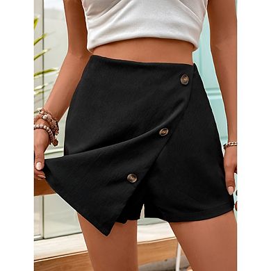 Women Summer High Waisted A Line Skirted layered irregular Button Detail Casual Skort Pants