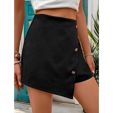 Women Summer High Waisted A Line Skirted layered irregular Button Detail Casual Skort Pants