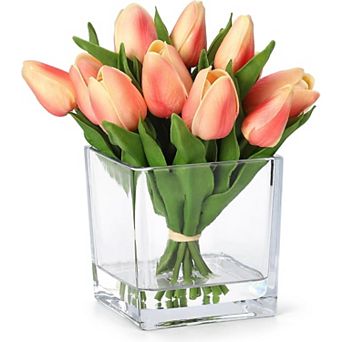 Tulip Artificial Flowers with Glass Vase, Silk Faux Tulip Flower Arrangement with Faux Water