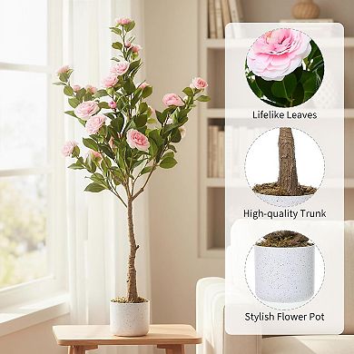 2-Pack 3.9ft Fake Camellia with White Planter & Pink Flowers